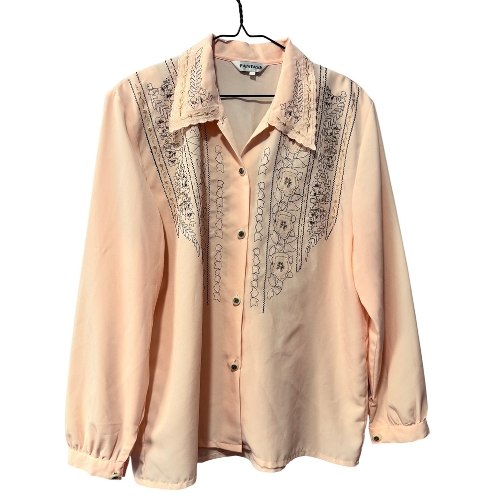Fantasy‎ Peach Floral Embroidered Button Up Blouse Women's Top
